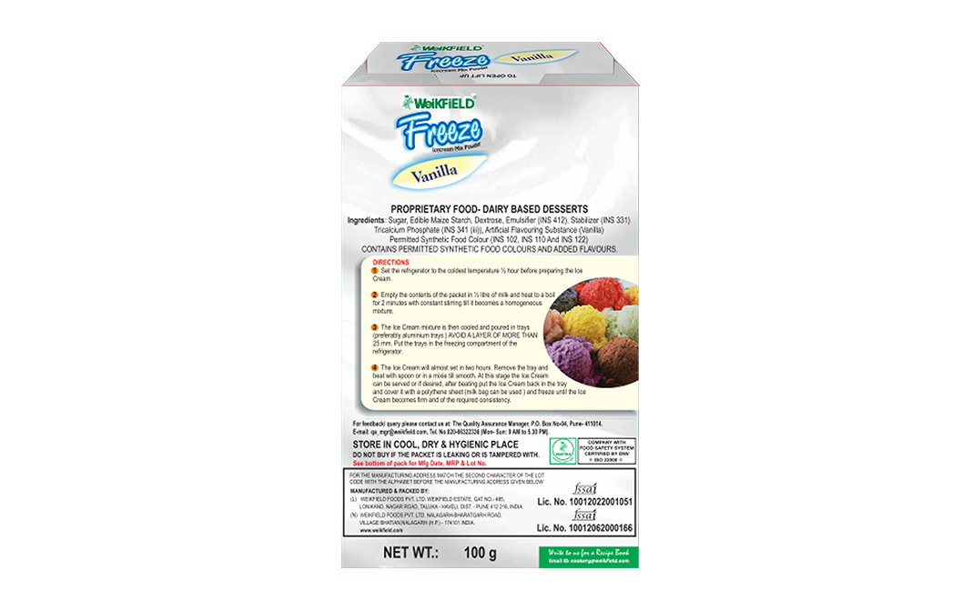 Weikfield Freeze Icecream Mix Powder Vanilla   Box  100 grams